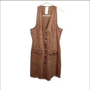 Sadie Sage Denim Dress Mini Women Sz M Dusty Peach Button Down Boho Raw‎ Hem Y2K